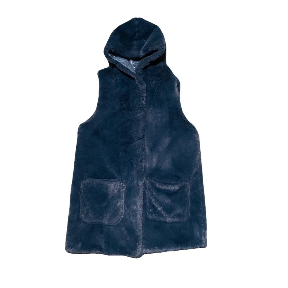 PATRIZIA‎ LUCA Faux Fur Longline Reversible Hooded Vest Aqua Blue Size S Cozy